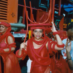 Person wearing red tubing costume at parade