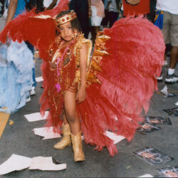 Child in red feathered carnival costume