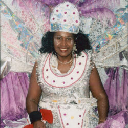 Smiling person in purple feathered carnival costume