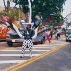 Person in large winged carnival costume crossing street