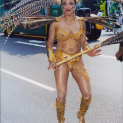 Woman in gold carnival costume with feathered headdress