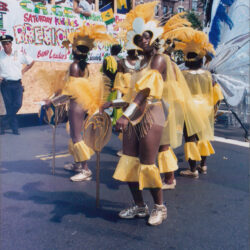 Carnival dancers in yellow feathered costumes