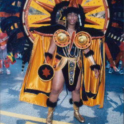 Person wearing elaborate gold and black carnival costume
