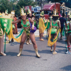 Street parade dancers in green and gold costumes