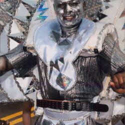 Person in silver mirrored carnival costume