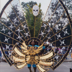 Carnival performer with giant skull-adorned wings