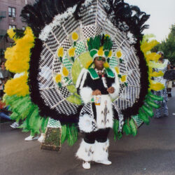 Mardi Gras Indian with green and black feathers