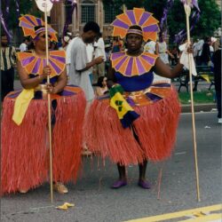 Carnival performers in colorful costumes with flags.