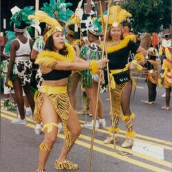 Parade participants in colorful, feathered costumes dancing.