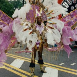 Carnival performer in colorful feathered costume.