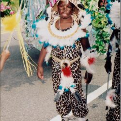 Child in colorful, feathered costume at parade.