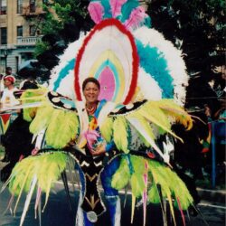 Person in colorful carnival costume on street.