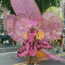 Carnival performer in vibrant butterfly costume.
