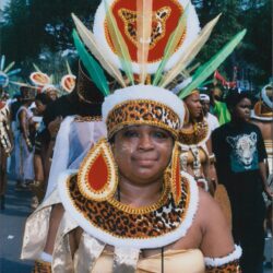 Carnival performer in vibrant, animal-themed costume.