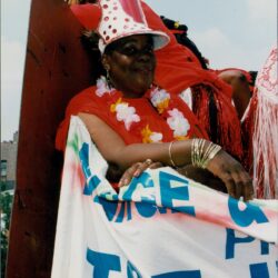 Person in festive attire holding a banner.