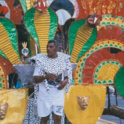 Man in costume with colorful festival backdrop.