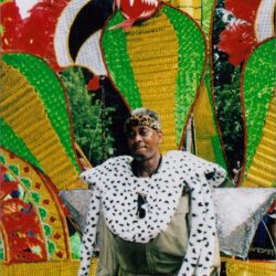 Man in costume with colorful carnival backdrop.