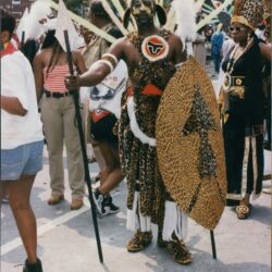 Person in elaborate costume with spear and shield.