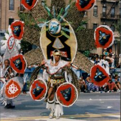 Carnival performer in colorful, elaborate costume outdoors.