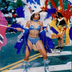 Carnival dancer in vibrant feathered costume.