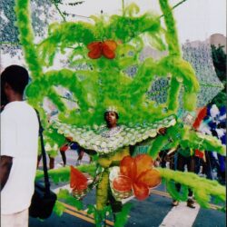 Person in vibrant green carnival costume.