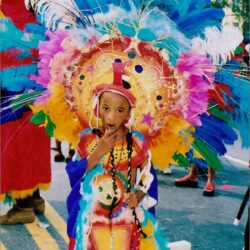 Child in vibrant, feathered carnival costume.
