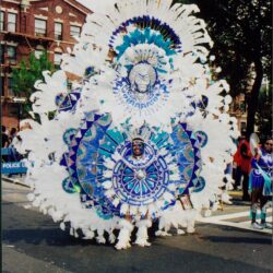 Person in ornate costume at street parade.
