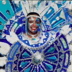 Carnival costume with blue and silver design.