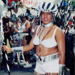 Carnival performer in festive costume with headdress.