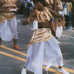 Parade dancers in decorative costumes on street.