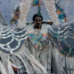 Carnival performer in elaborate, colorful costume.