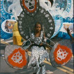 Person in colorful carnival costume on street.