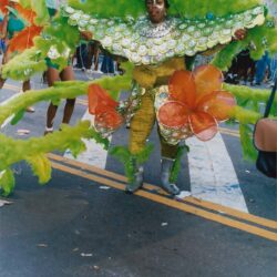 Carnival performer in vibrant, colorful costume.