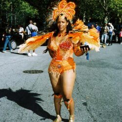 Carnival performer in vibrant orange feathered costume.