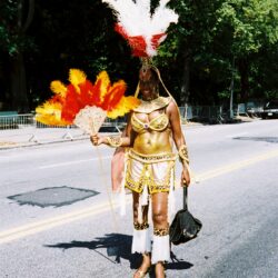 Carnival performer in colorful feathered costume.