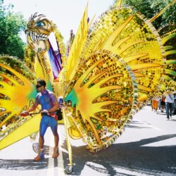 Person in colorful costume at street parade.