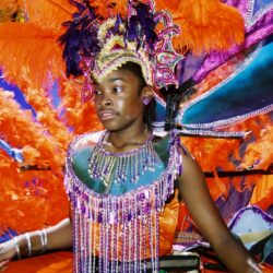 Carnival costume with vibrant feathers and beads.