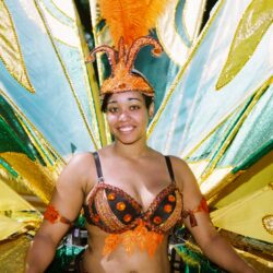 Carnival performer in colorful feathered costume.