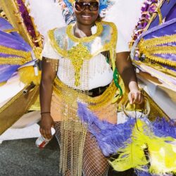 Carnival performer in colorful feathered costume.