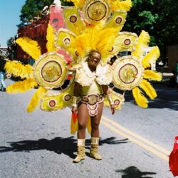 Carnival performer in large yellow feathered costume