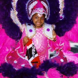Smiling child in pink and purple carnival costume