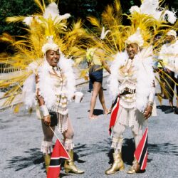 Carnival performers in vibrant feathered costumes.
