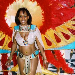 Carnival dancer in colorful feathered costume.