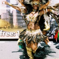 Carnival dancer in elaborate feathered costume.
