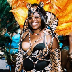 Carnival performer in vibrant tiger print costume.
