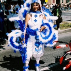 Person in blue and white carnival costume.