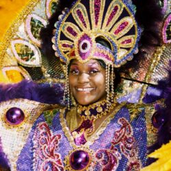 Carnival performer in vibrant, ornate costume smiling.