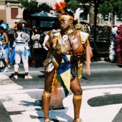 Carnival dancer in vibrant, feathered costume outdoors.