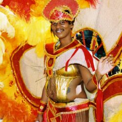 Carnival performer in colorful, feathered costume.