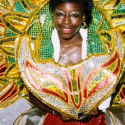 Carnival costume with colorful sequins and feathers.